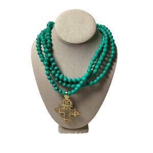Akola Turquoise Paper Bead Multi Strand Ethiopian Coptic Cross Necklace A12-11